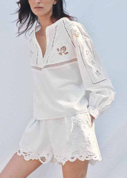 Out Fall Cotton Embroidered Set Hollow White Two Chic Piece