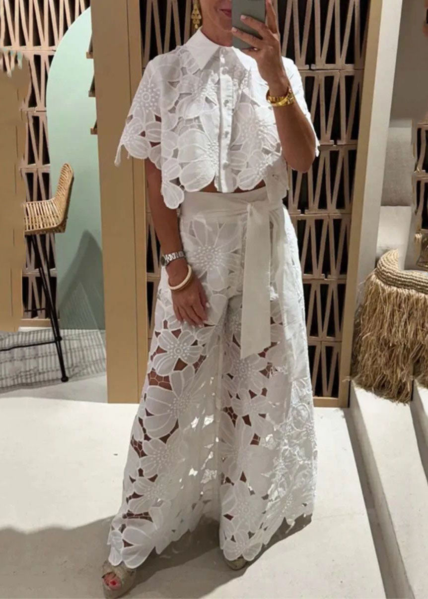 Two Chic Leg Hollow Shirts Out Set White Wide Pieces Pants And