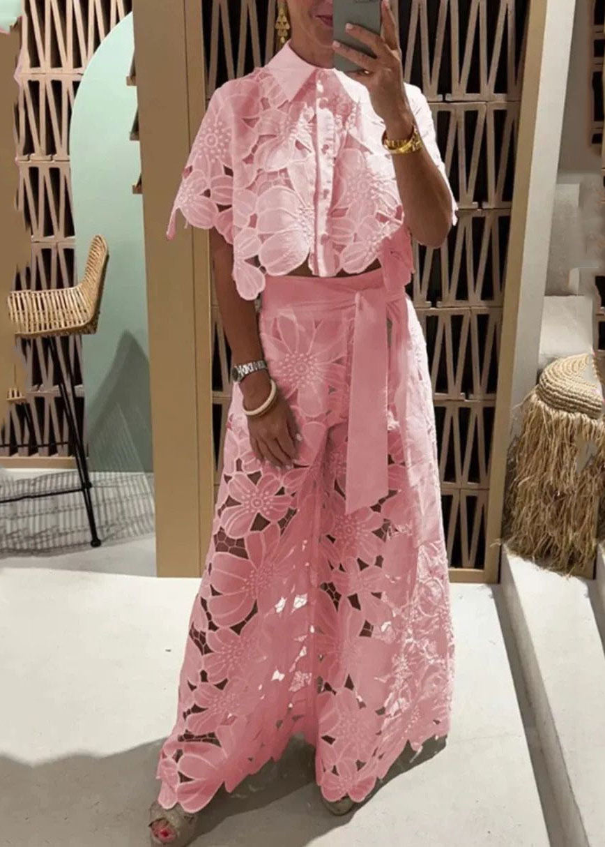 Two Chic Leg Hollow Shirts Out Set White Wide Pieces Pants And