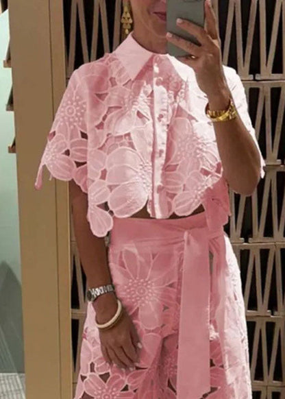 Two Chic Leg Hollow Shirts Out Set White Wide Pieces Pants And