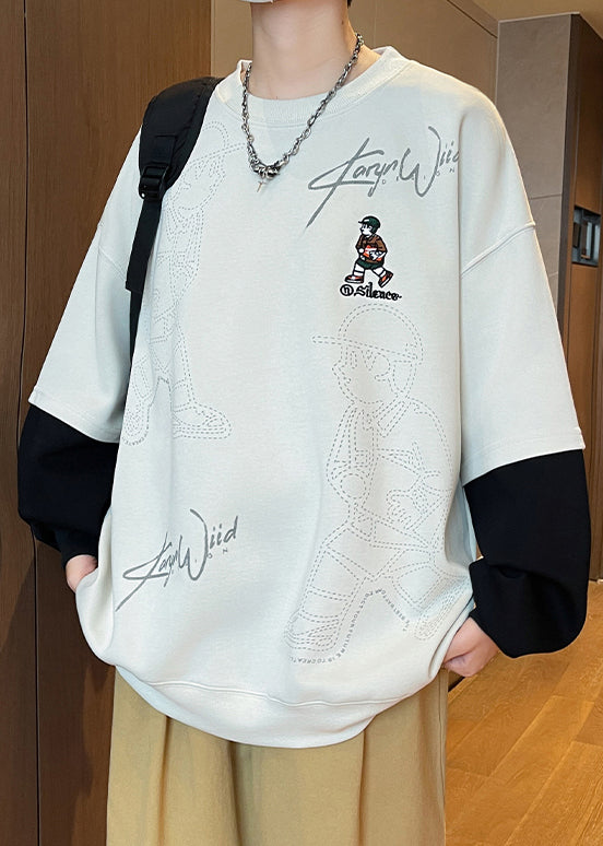 Print Mens Chic Spring Cotton Neck Sweatshirts Patchwork White O