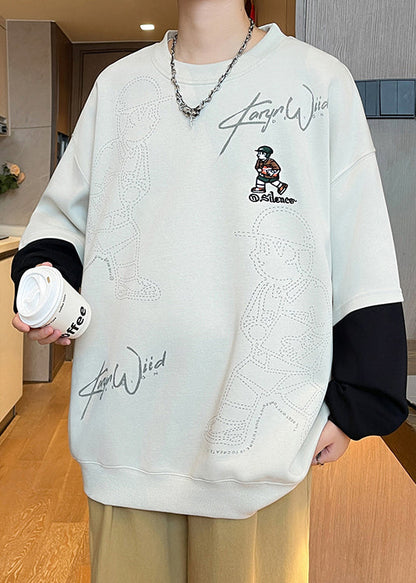 Print Mens Chic Spring Cotton Neck Sweatshirts Patchwork White O