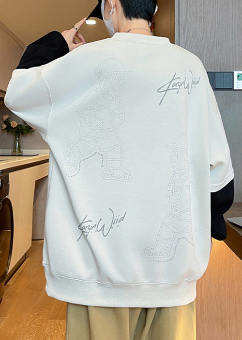 Print Mens Chic Spring Cotton Neck Sweatshirts Patchwork White O