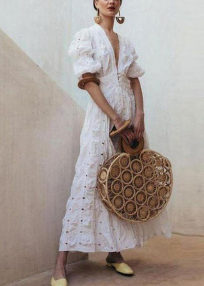 Chic White Puff Sleeve Exra Large Hem Cotton Holiday Dress Spring TL009