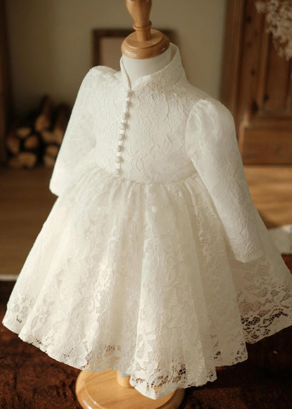 Chic White Stand Collar Button Lace Girls Maxi Dress Spring YS025