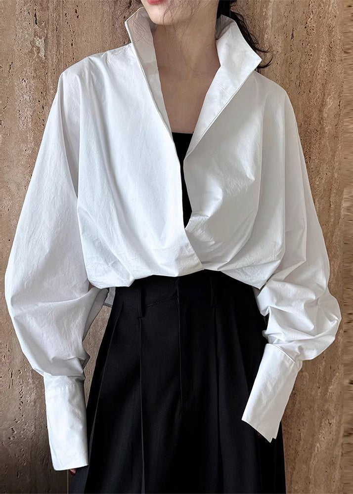 Collar Stand Chic Shirts Solid White Spring