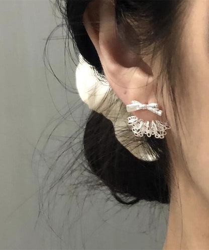 Silver Earrings White Lace Chic Sterling Alloy Stud Bow Patchwork