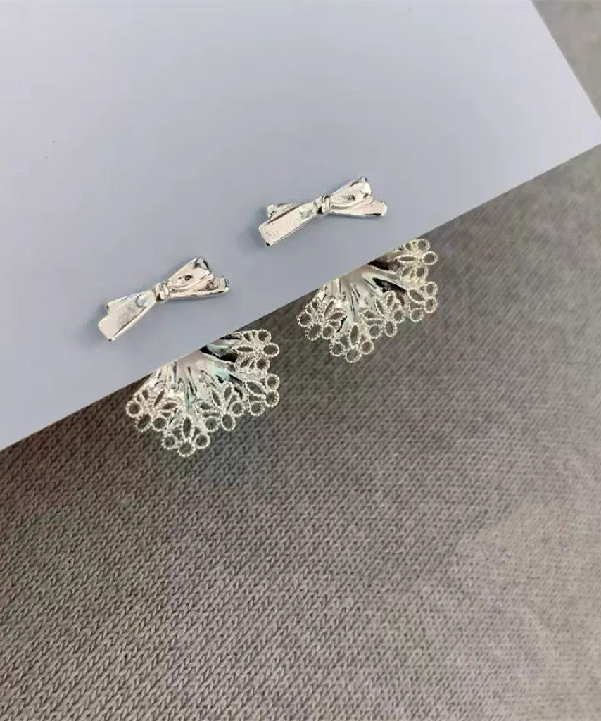 Silver Earrings White Lace Chic Sterling Alloy Stud Bow Patchwork