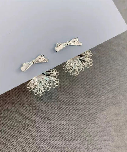 Silver Earrings White Lace Chic Sterling Alloy Stud Bow Patchwork