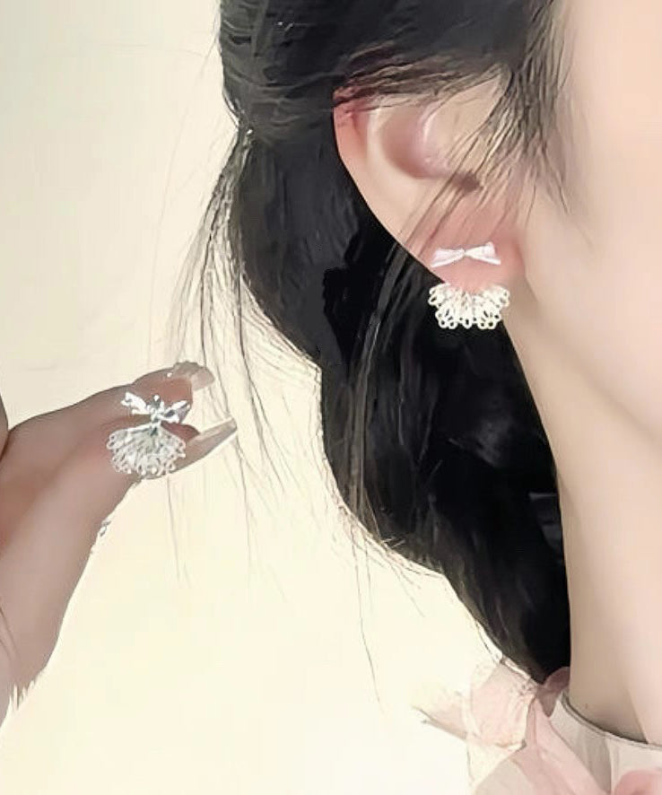 Silver Earrings White Lace Chic Sterling Alloy Stud Bow Patchwork