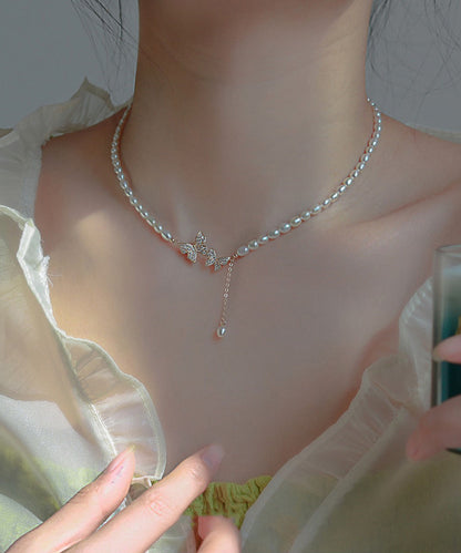 Collier Lariat Chic en Alliage d'Argent Sterling Blanc avec Zircon Papillon et Perles WF023