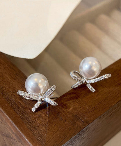 Chic White Sterling Silver Pearl Bow Stud Earrings QQ014