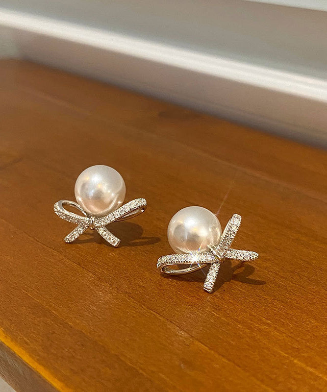 Chic White Sterling Silver Pearl Bow Stud Earrings QQ014