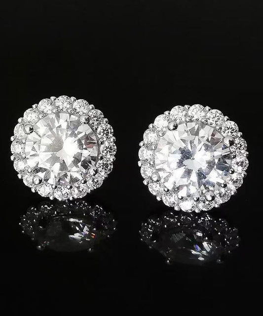 Men Sterling White Stud Earrings Chic Silver Zircon