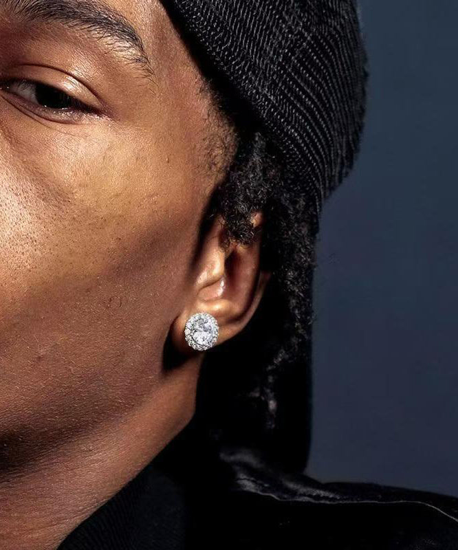 Men Sterling White Stud Earrings Chic Silver Zircon