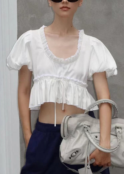 U Sleeve Shirt White Ruffled Neck Chic Puff Cotton