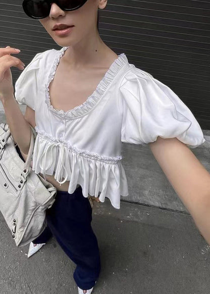 U Sleeve Shirt White Ruffled Neck Chic Puff Cotton