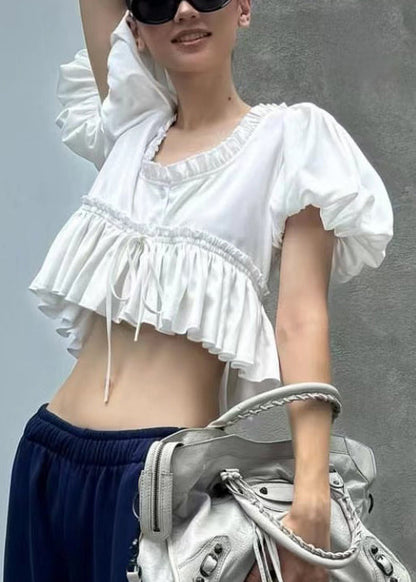 U Sleeve Shirt White Ruffled Neck Chic Puff Cotton