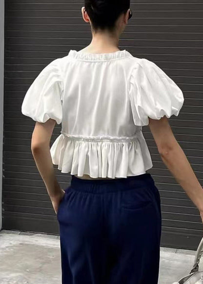 U Sleeve Shirt White Ruffled Neck Chic Puff Cotton