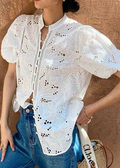 Hollow Out Embroidered Summer V Shirt Chic White Neck