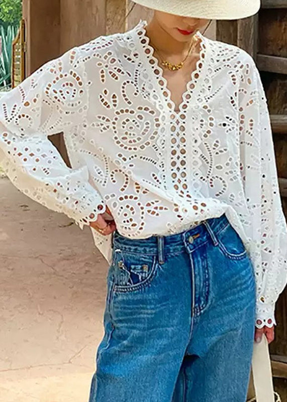 Hollow Out Embroidered Summer V Shirt Chic White Neck