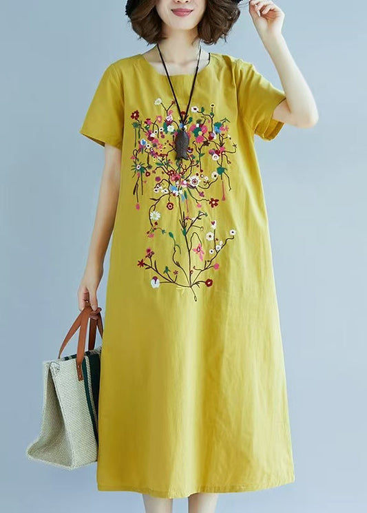 Linen Chic Dress Fine Embroidered Summer Yellow