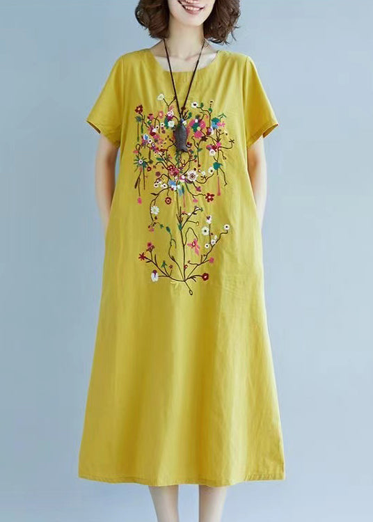 Linen Chic Dress Fine Embroidered Summer Yellow