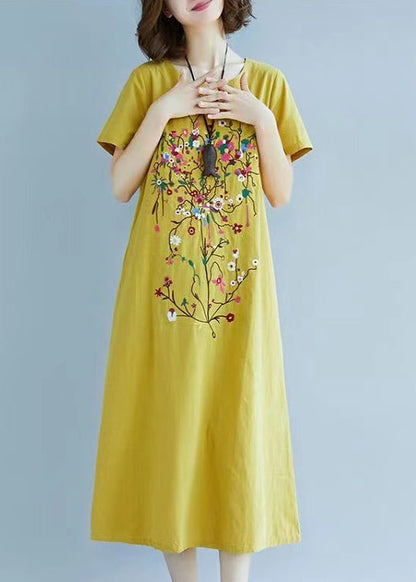 Linen Chic Dress Fine Embroidered Summer Yellow