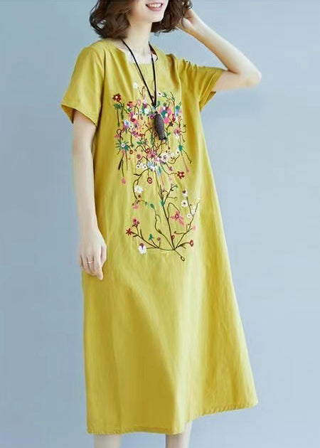 Yellow Linen Summer Embroidered Fine Chic Dress