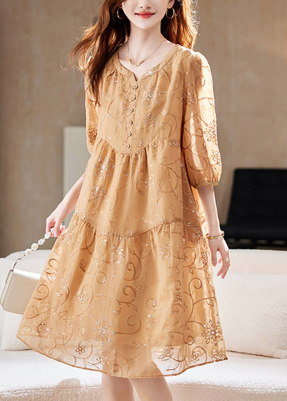 Cotton Summer Yellow Sequins Chic Patchwork Dress Embroidered