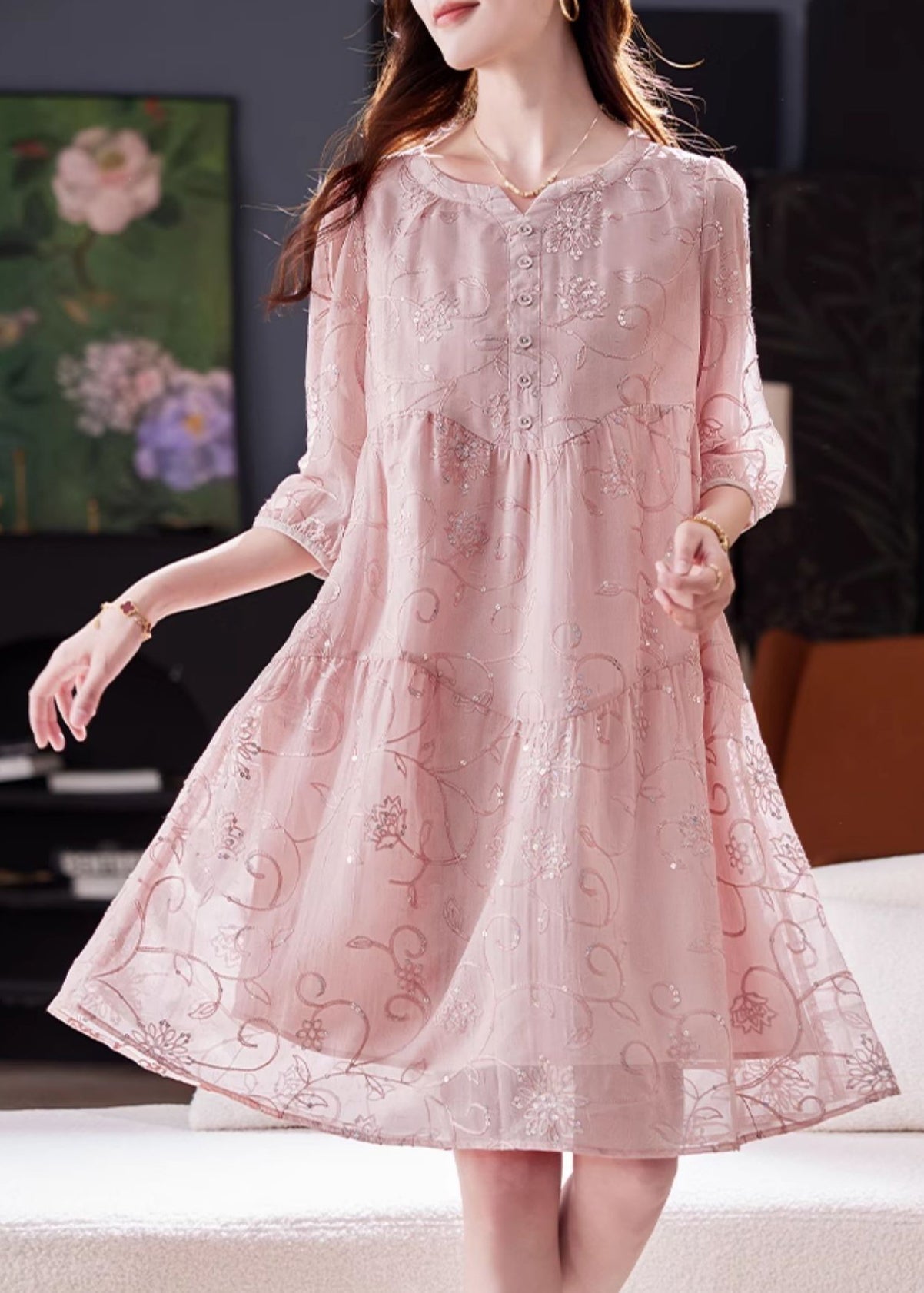 Cotton Summer Yellow Sequins Chic Patchwork Dress Embroidered