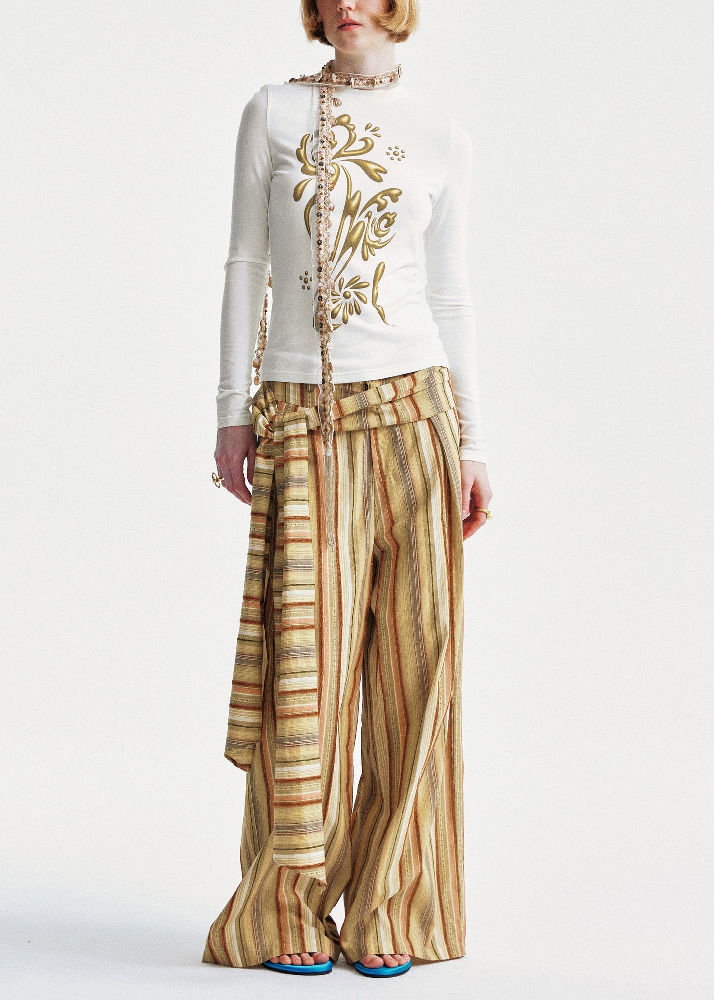 Yellow Cotton Summer Striped Pants Chic Leg Wide