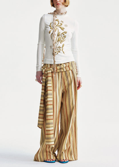 Yellow Cotton Summer Striped Pants Chic Leg Wide