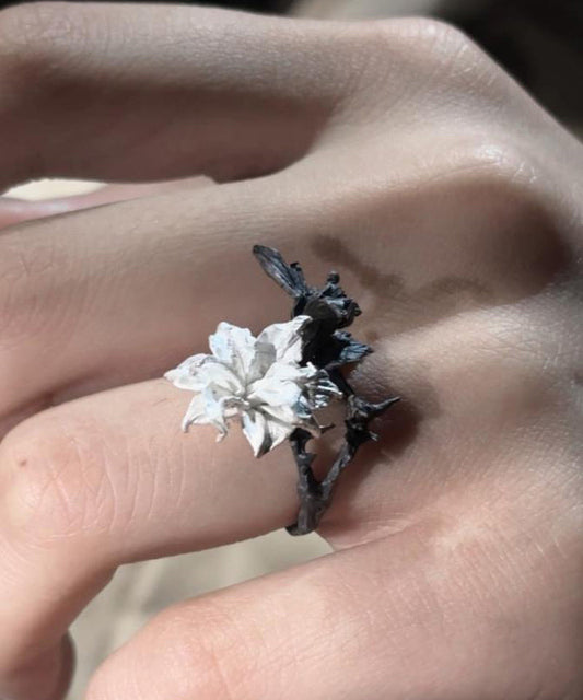 Chice Black White Stering Silver Floral Rings QJ002