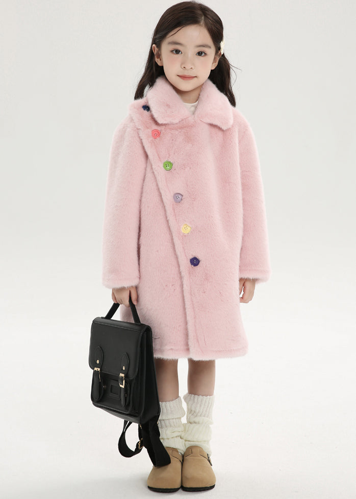 Chice Pink Asymmetrical Peter Pan Collar Kids Mink Velvet Long Woolen Coats Winter WL016