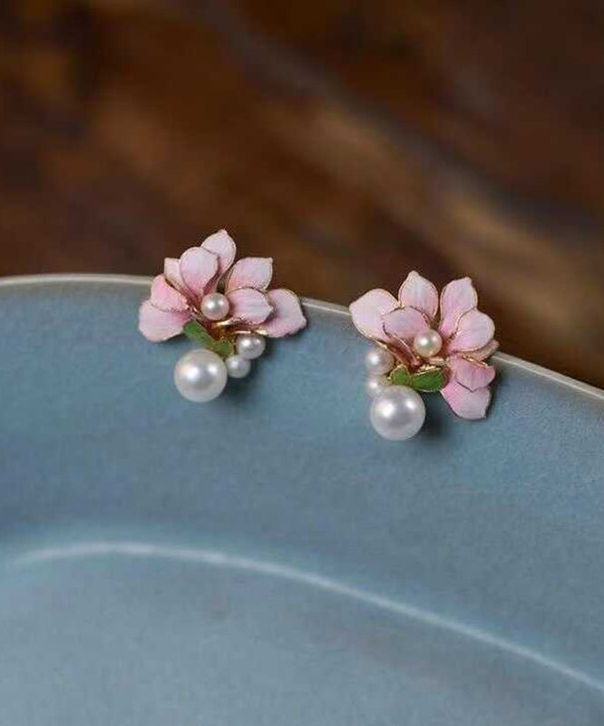 Pearl Sterling Pink Floral Styl Stud Overgild Silver Chinese