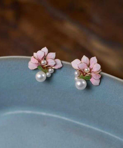 Pearl Sterling Pink Floral Styl Stud Overgild Silver Chinese