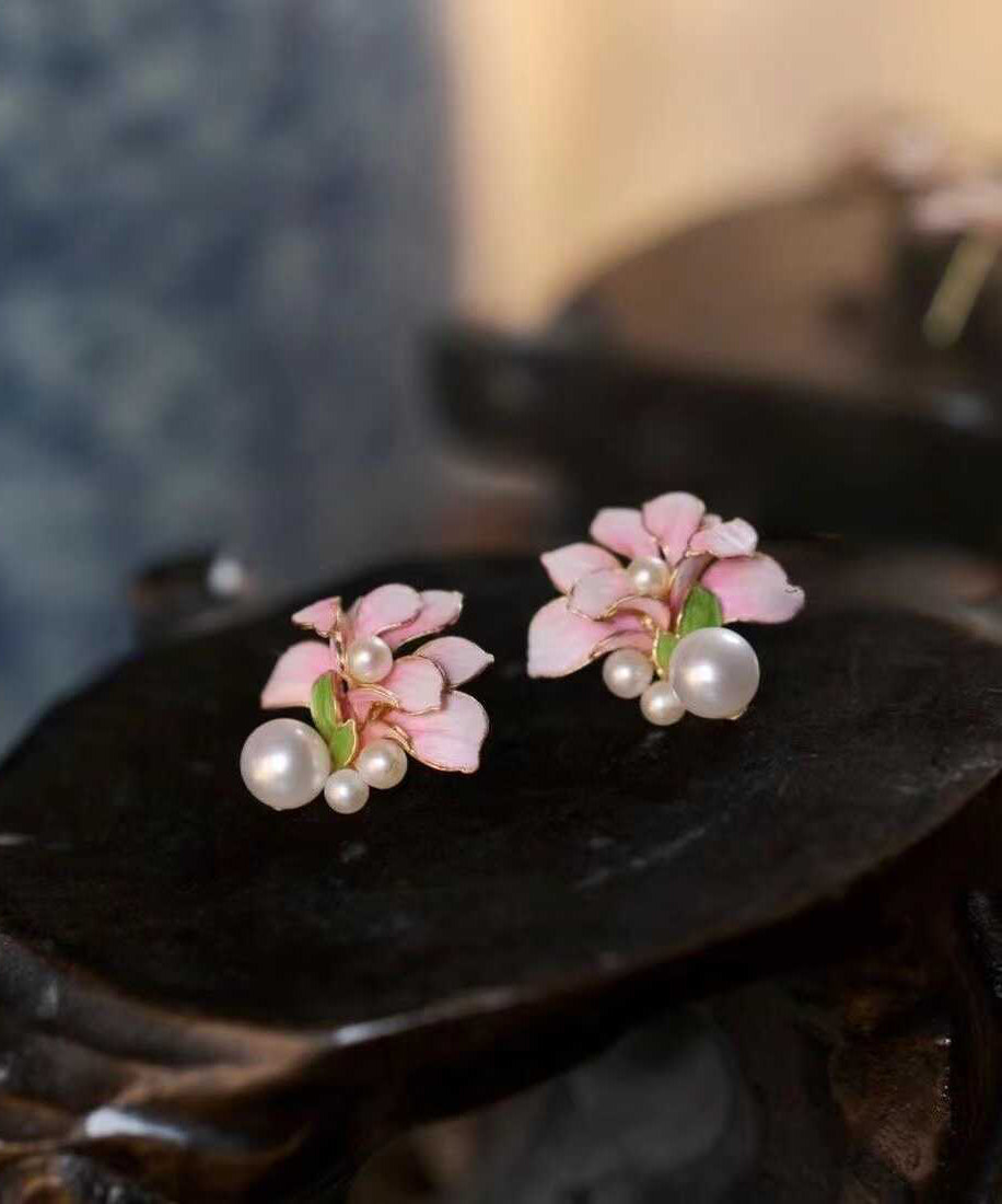 Pearl Sterling Pink Floral Styl Stud Overgild Silver Chinese
