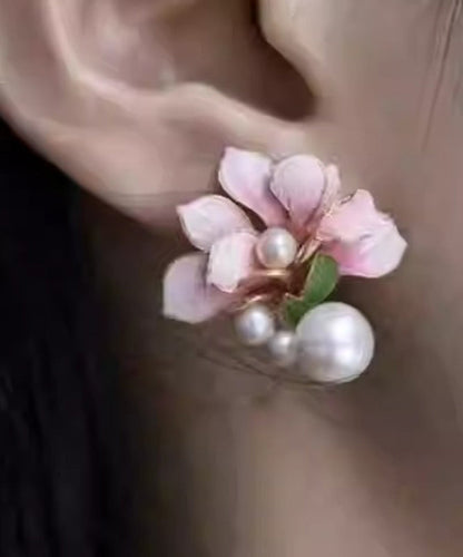 Pearl Sterling Pink Floral Styl Stud Overgild Silver Chinese