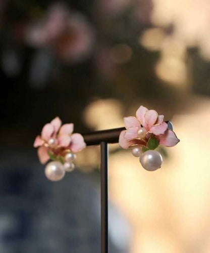 Pearl Sterling Pink Floral Styl Stud Overgild Silver Chinese