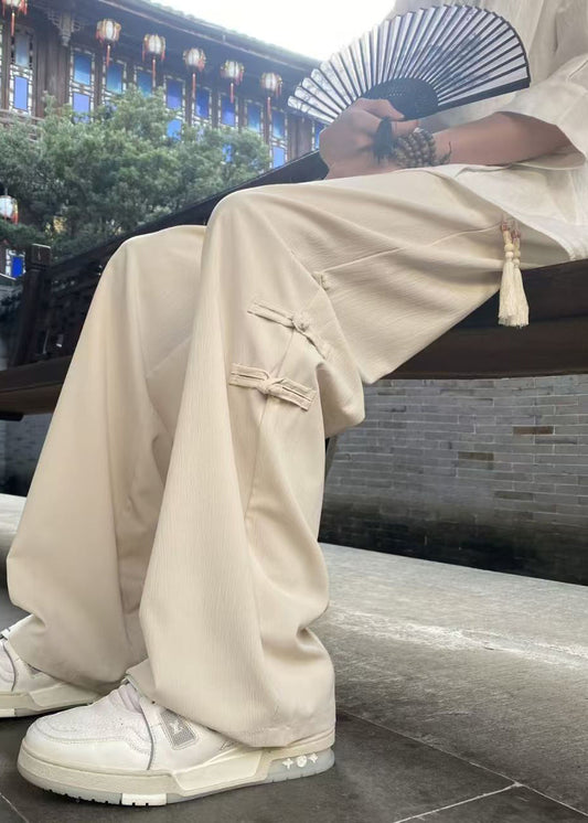 Silk Chinese Pants Waist Button Style Elastic Ice Apricot Men
