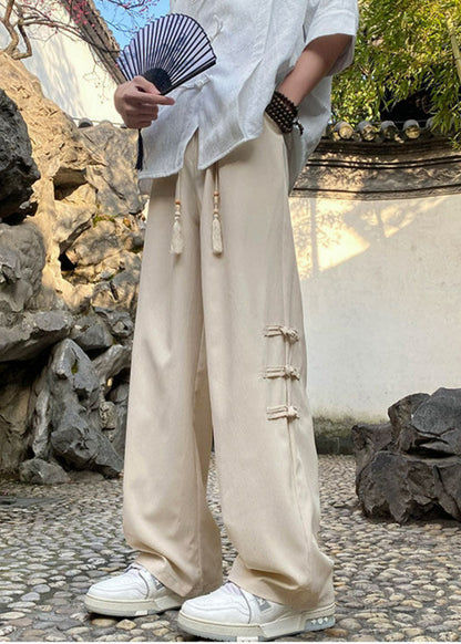 Silk Chinese Pants Waist Button Style Elastic Ice Apricot Men