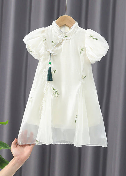 Chinese Style Apricot Embroideried Nail Bead Girls Chiffon Long Dress Summer MN013