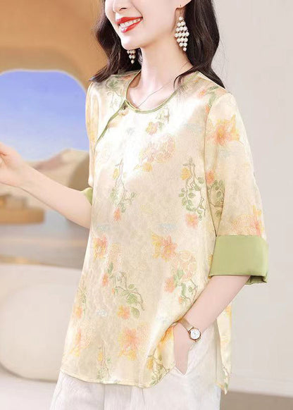 Aprikosenfarbenes Jacquard-Seidentop mit Rundhalsausschnitt und Schnürung im chinesischen Stil, Sommer BB027