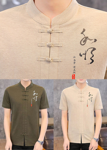 Green Mens Army Shirt Collar Cotton Chinese Stand T Style Print
