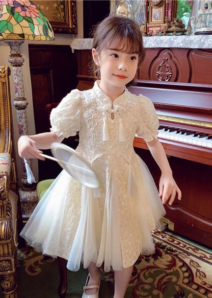 Chinese Style Beige Stand Collar Nail Bead Tulle Girls Maxi Dress Summer XZ036