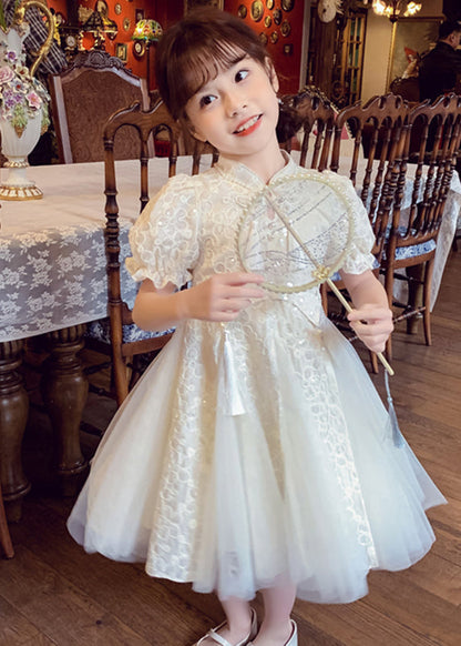 Chinese Style Beige Stand Collar Nail Bead Tulle Girls Maxi Dress Summer XZ036