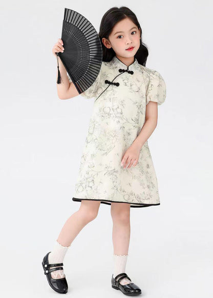 Chinese Style Beige Stand Collar Print Button Kids Mid Dress Short Sleeve MN024