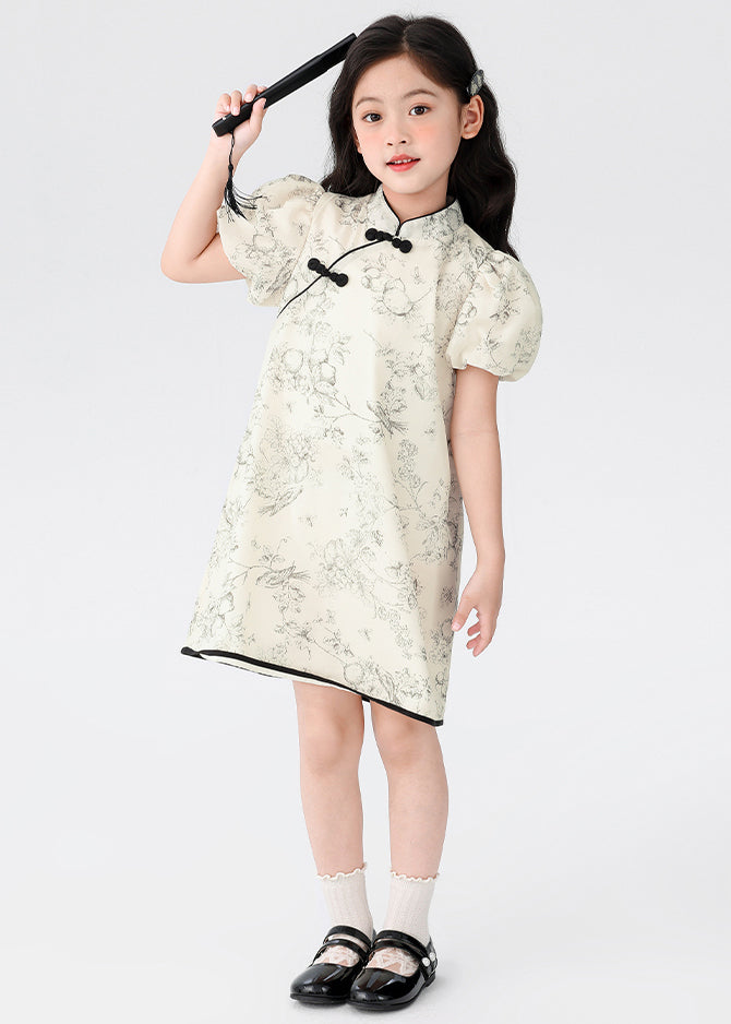 Chinese Style Beige Stand Collar Print Button Kids Mid Dress Short Sleeve MN024