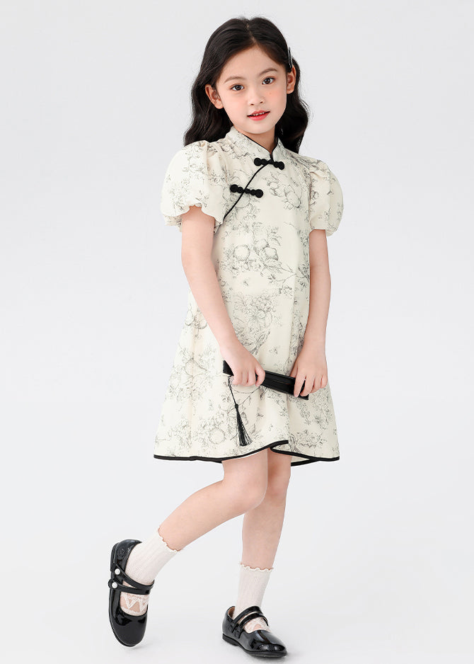 Chinese Style Beige Stand Collar Print Button Kids Mid Dress Short Sleeve MN024